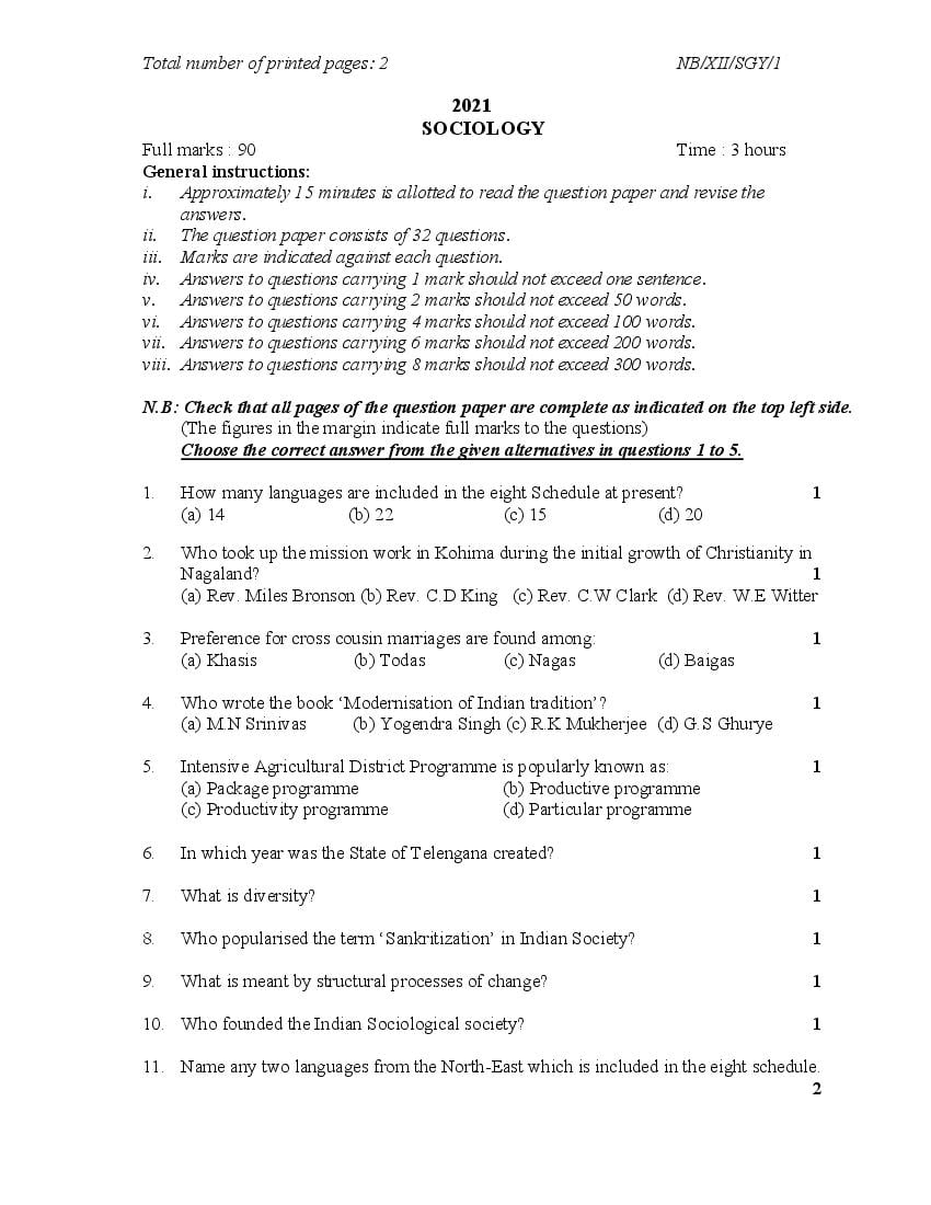NBSE Class 12 Question Paper 2021 for Sociology - Page 1