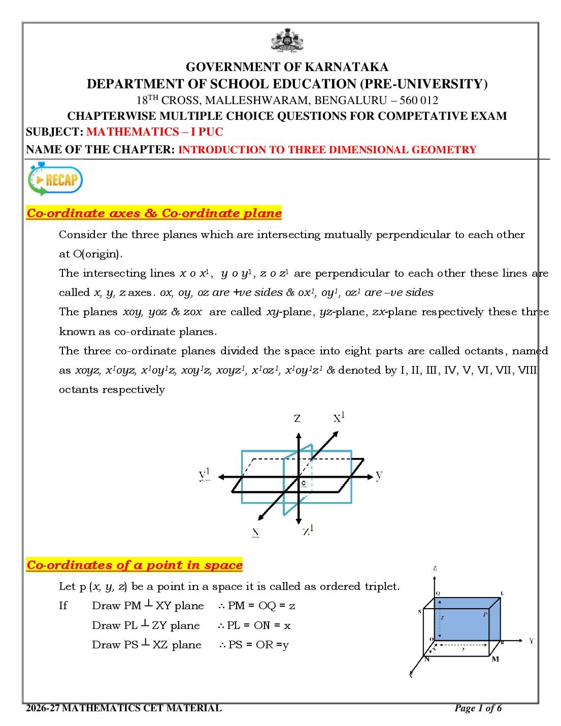 Karnataka 1st PUC Mathematics Introduction to Three Dimensional Geometry MCQ with Answers - Page 1 of 6
