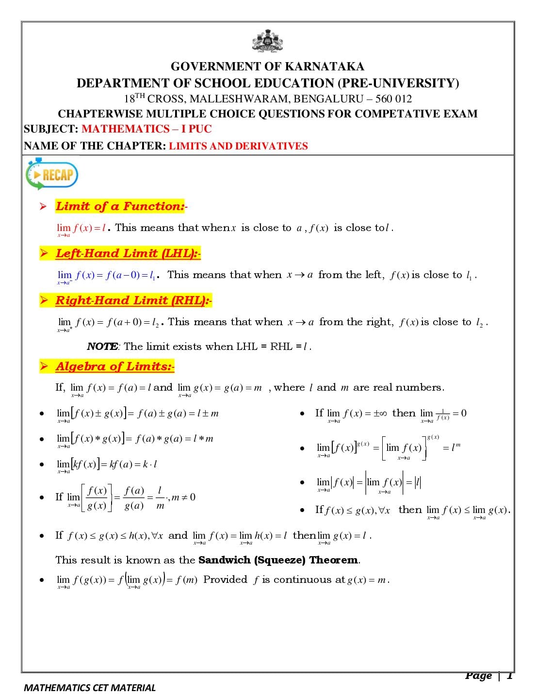 Karnataka 1st PUC Mathematics Limits and Derivatives MCQ with Answers - Page 1 of 13