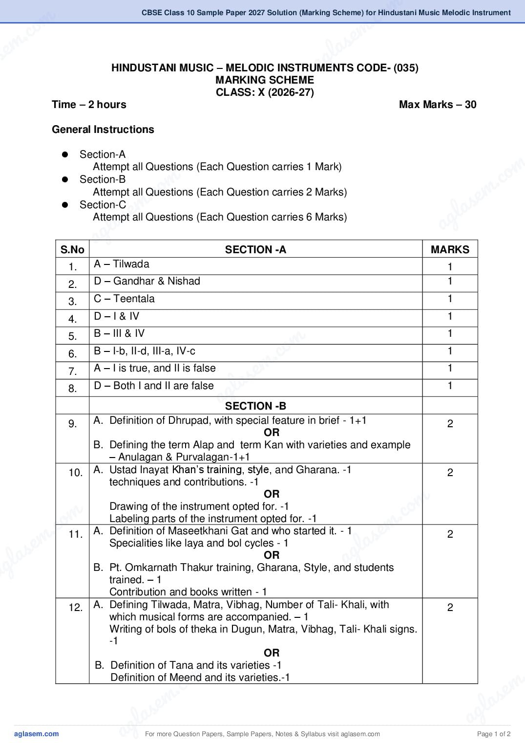 CBSE Class 10 Sample Paper 2027 Solution (Marking Scheme) for Hindustani Music Melodic Instrument - Page 1 of 2
