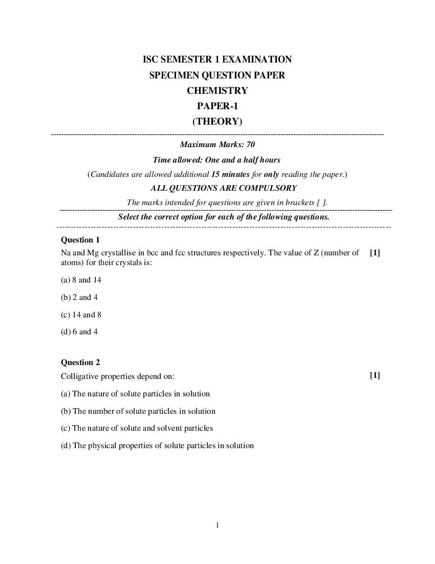 ISC Class 12 Specimen Paper 2022 Chemistry Semester 1 - Page 1