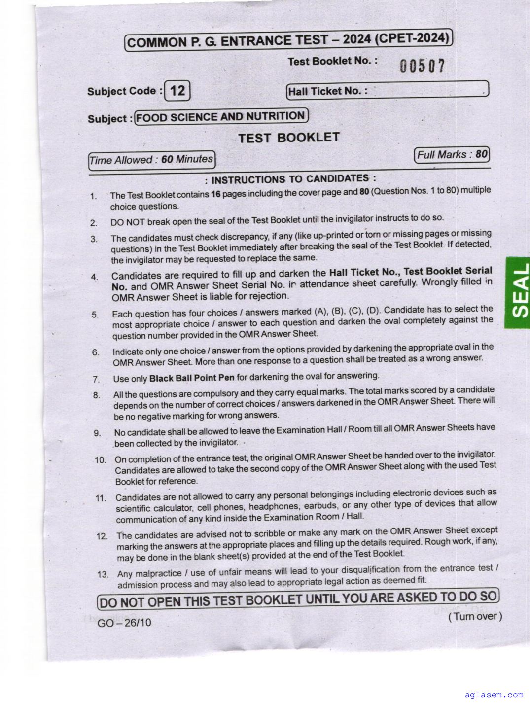 Odisha CPET 2024 Question Paper Food Science and Nutrition - Page 1 of 16