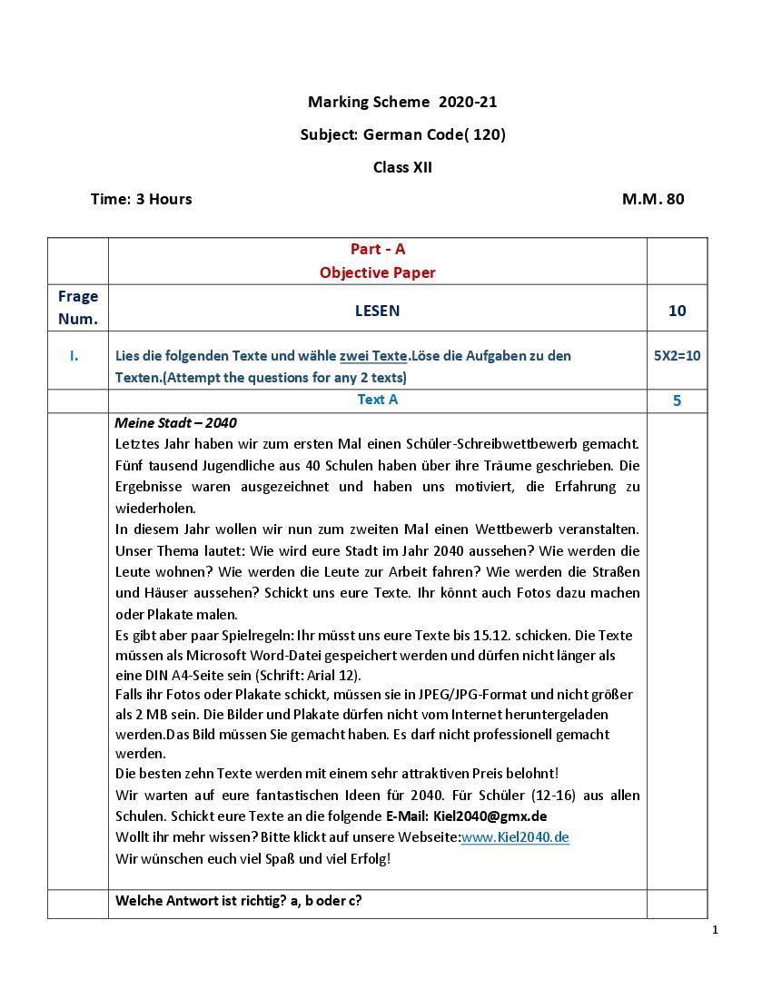 CBSE Class 12 Marking Scheme 2021 for German - Page 1