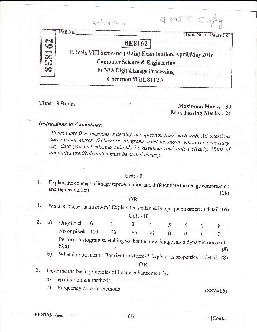 RTU 2016 Question Paper Semester VIII Computer Science and Engineering Digital Image Processing - Page 1