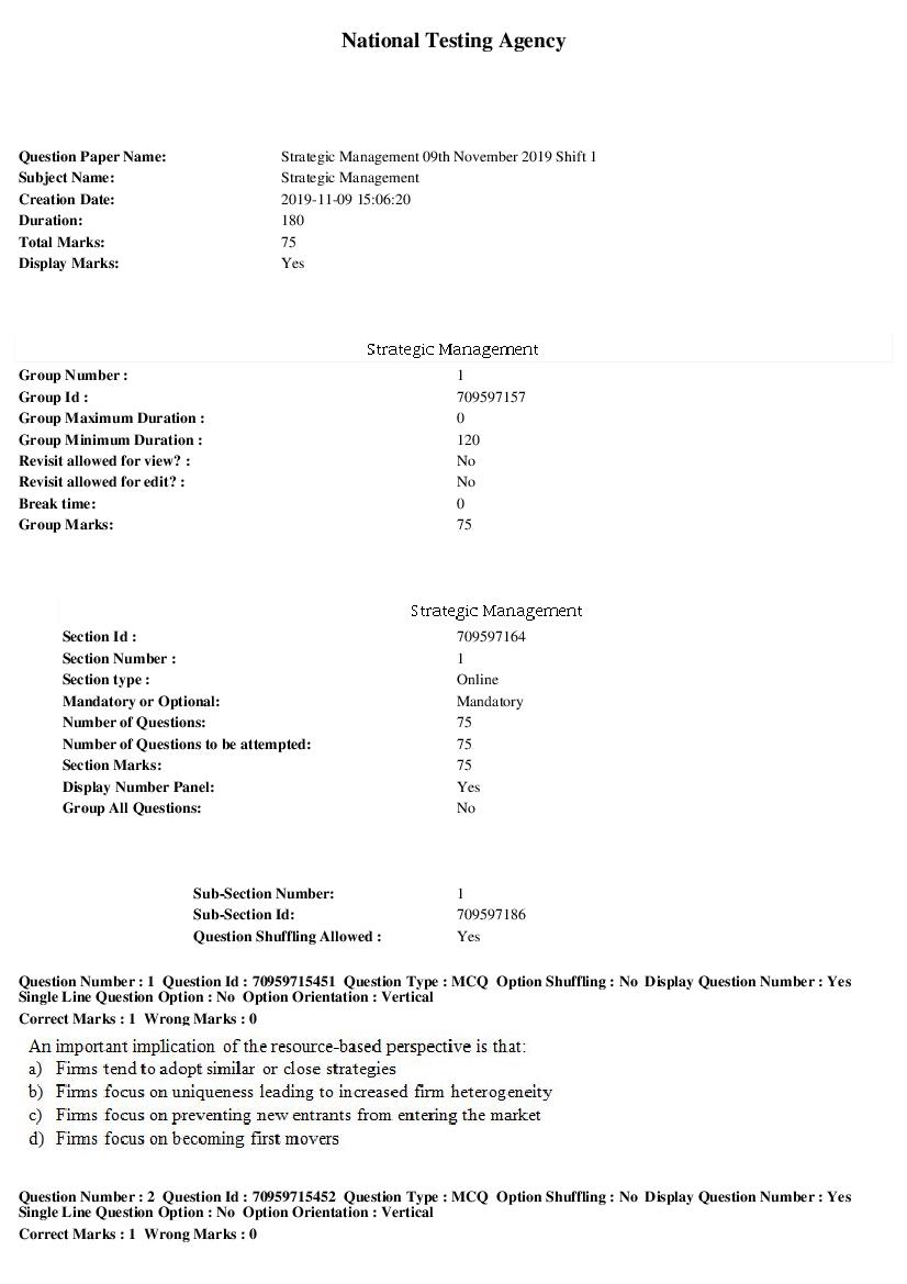 SWAYAM 2019 Question Paper Strategic Management - Page 1