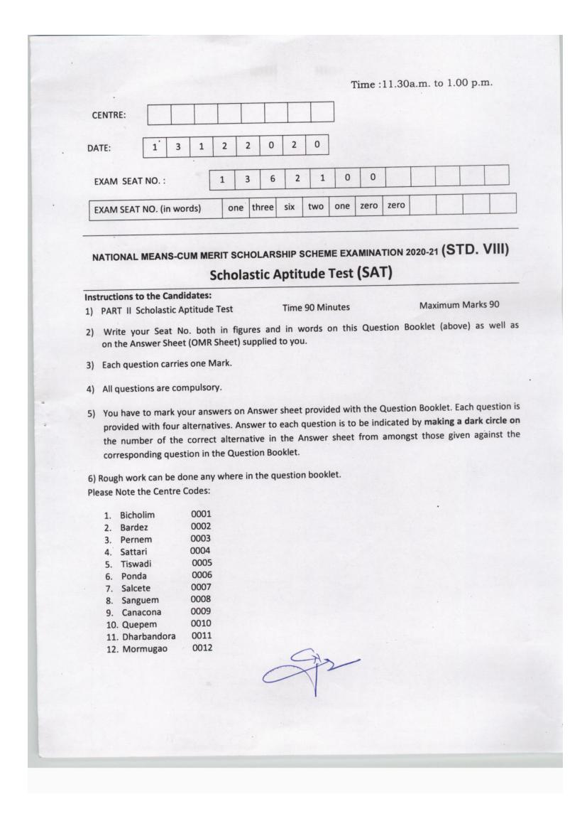 Goa NMMS 2020 Question Paper with Answer Key SAT - Page 1