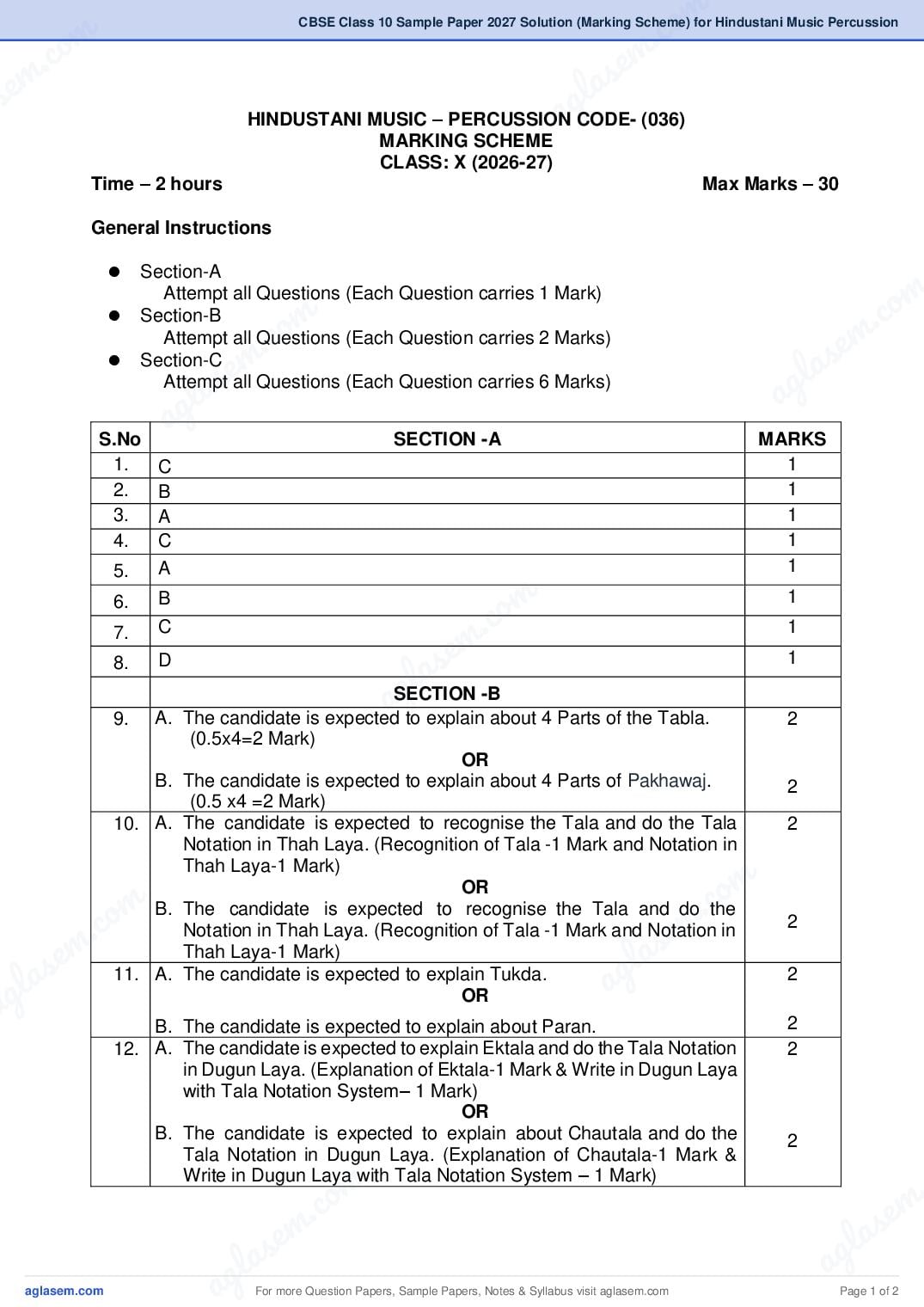 CBSE Class 10 Sample Paper 2027 Solution (Marking Scheme) for Hindustani Music Percussion - Page 1 of 2