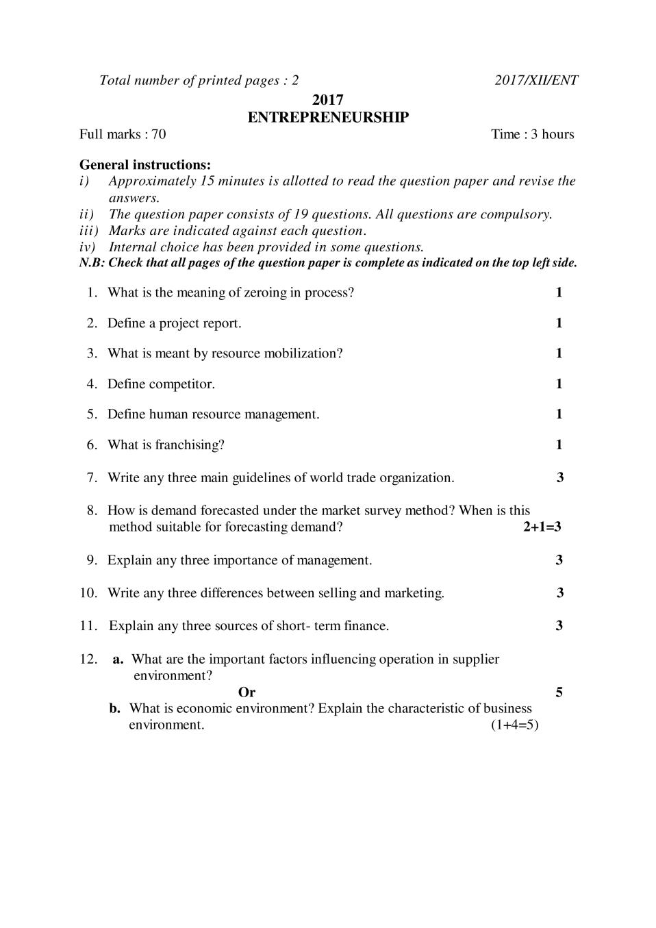 NBSE Class 12 Question Paper 2017 for Entrepreneurship - Page 1