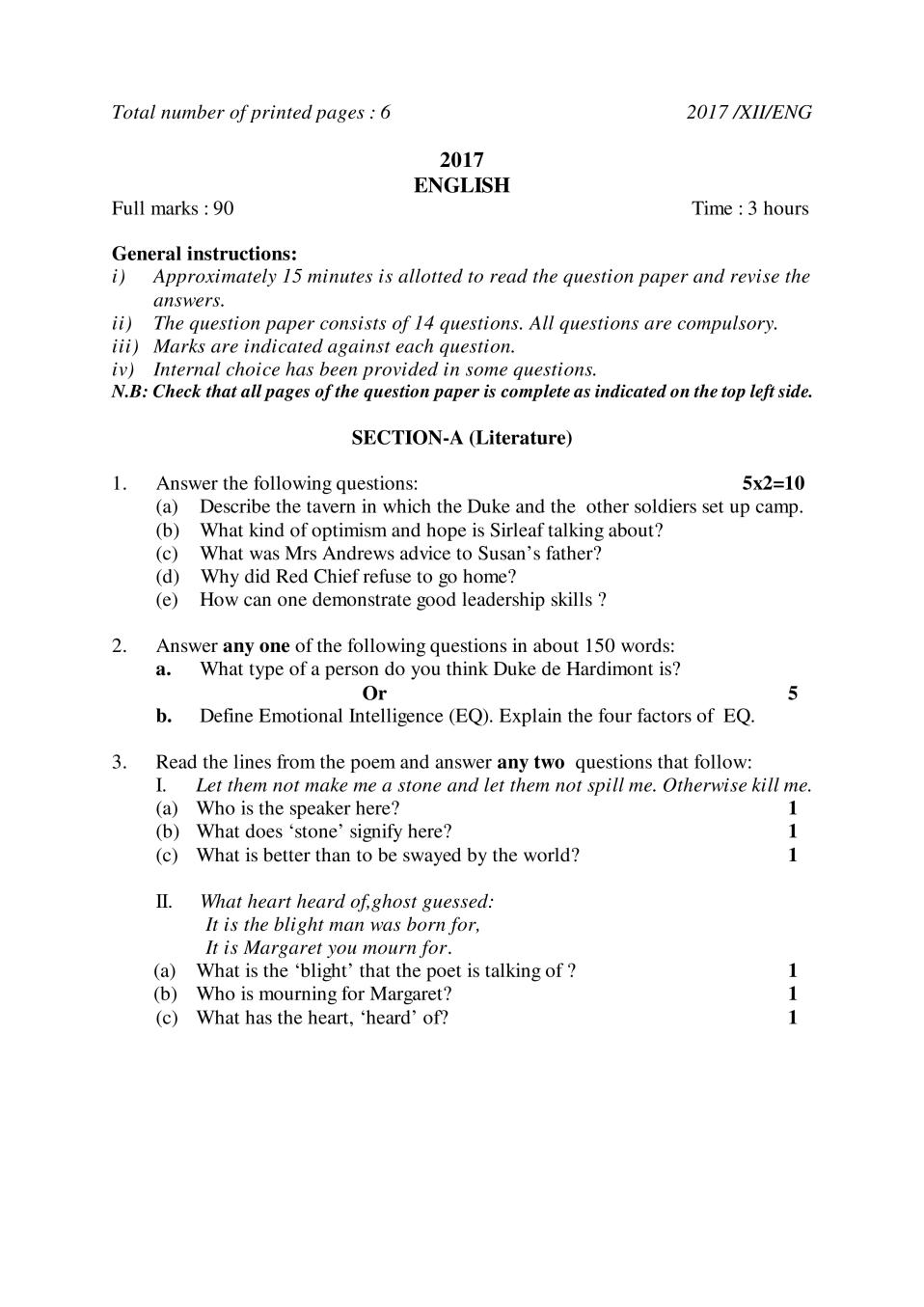 NBSE Class 12 Question Paper 2017 for English - Page 1