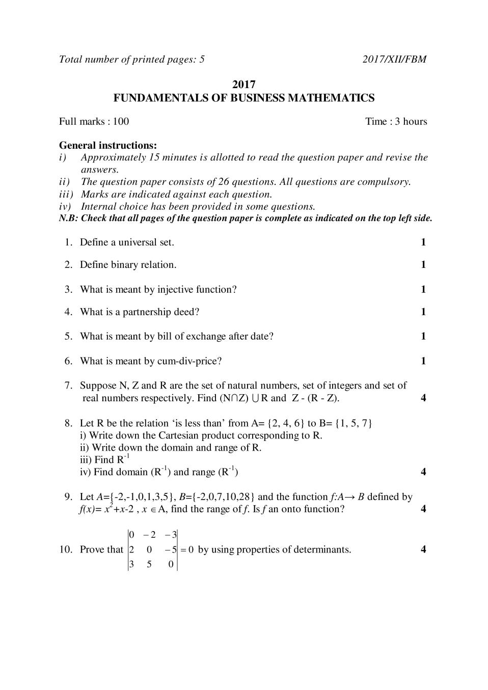 NBSE Class 12 Question Paper 2017 for Fund.of Business Maths - Page 1