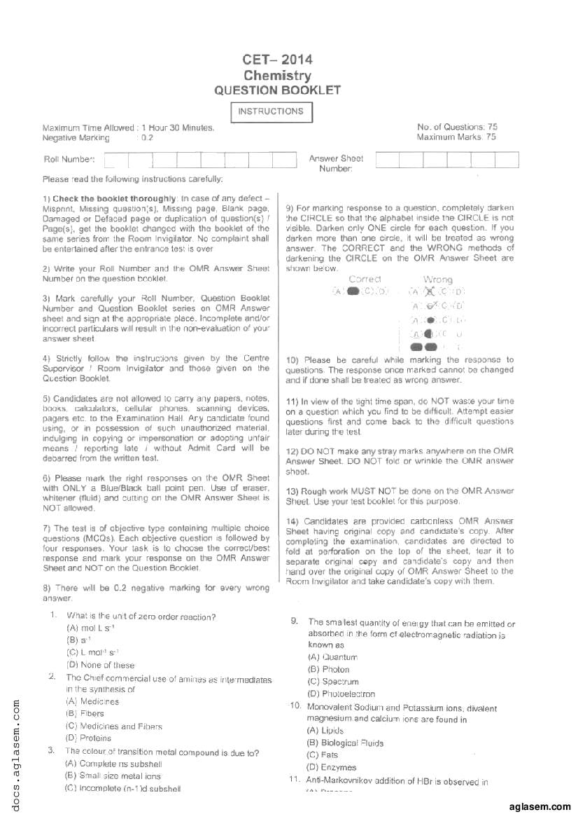 JKCET 2014 Question Paper Chemistry - Page 1
