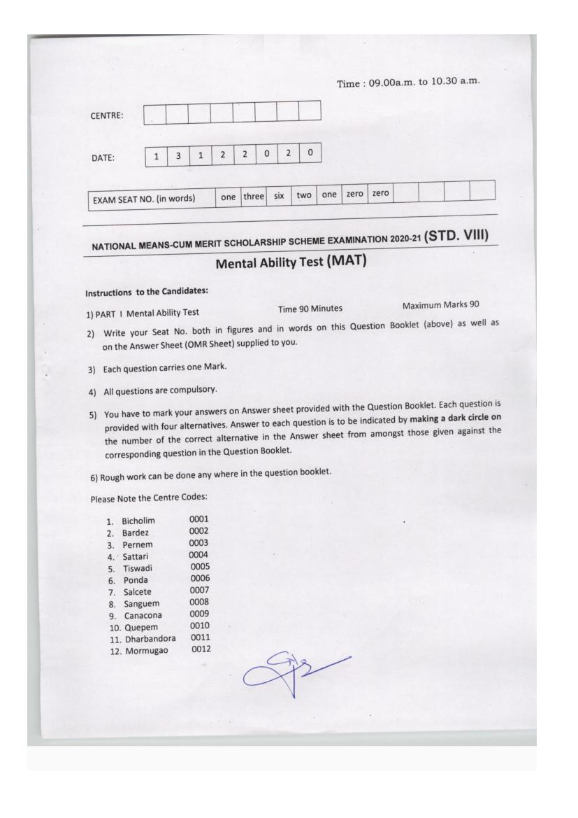 Goa NMMS 2020 Question Paper with Answer Key MAT - Page 1
