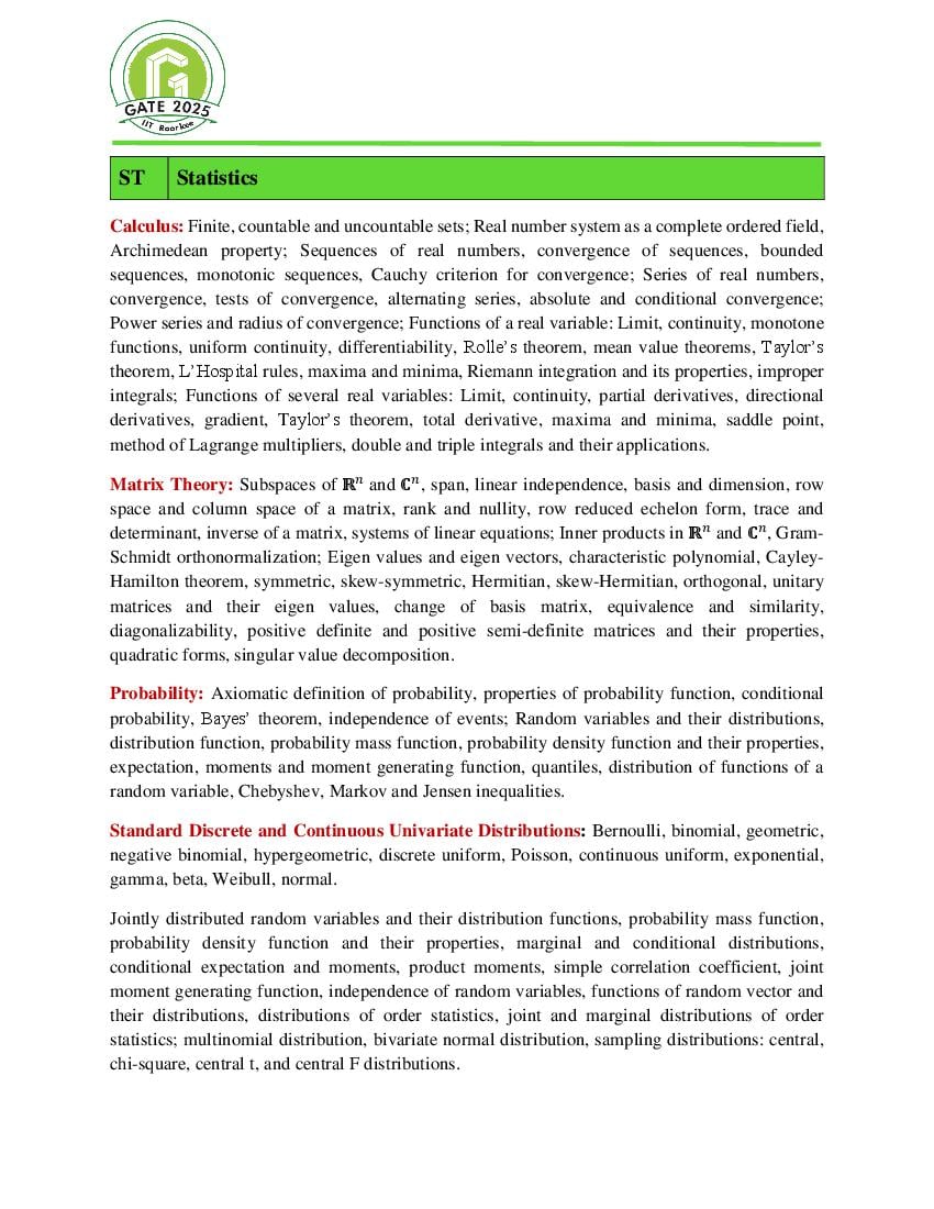 GATE 2025 Syllabus for Statistics - Page 1