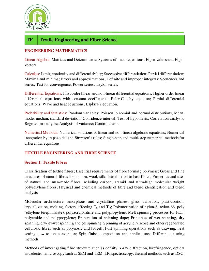 GATE 2025 Syllabus for Textile Engineering & Fibre Science - Page 1