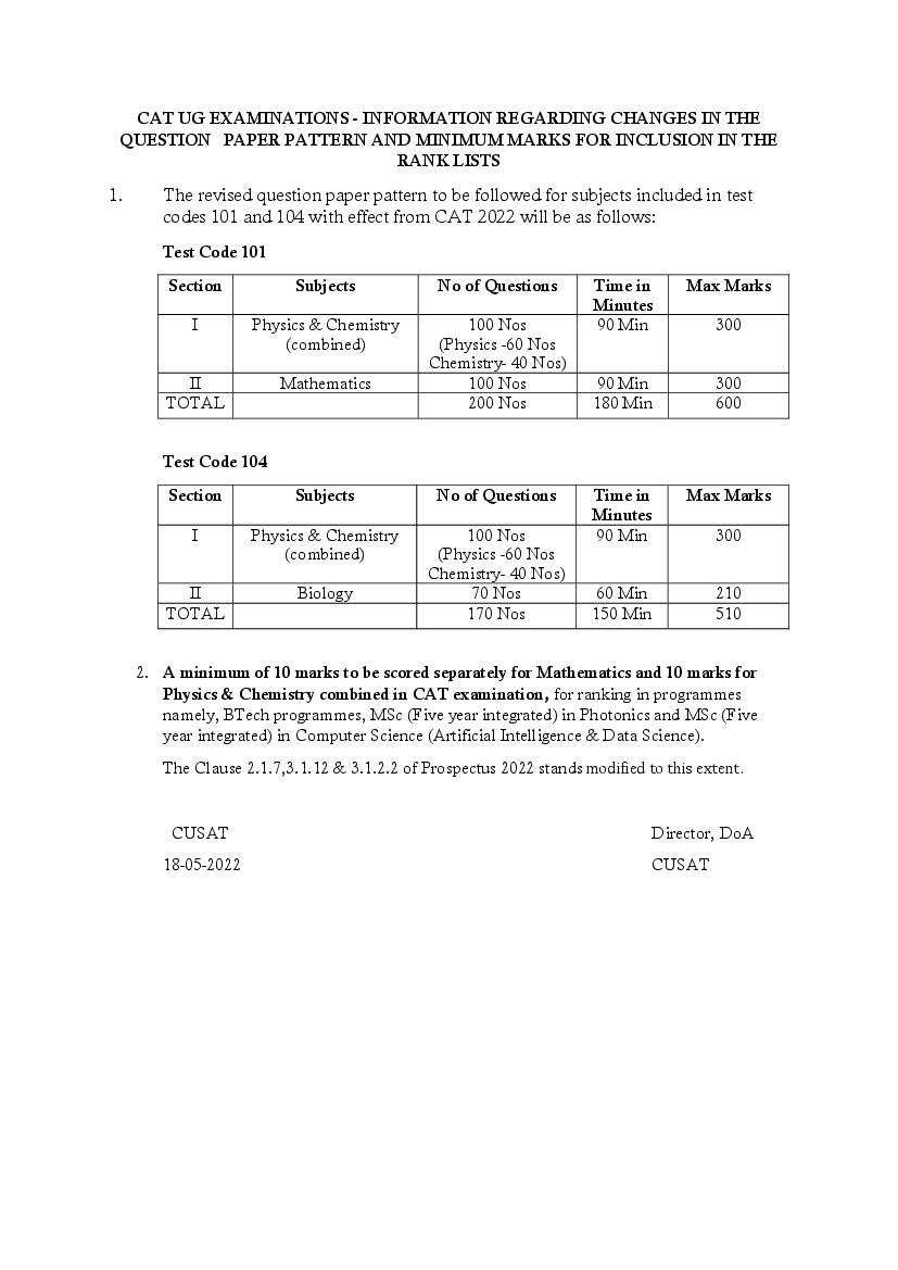 CUSAT CAT 2022 UG Pattern Change - Page 1
