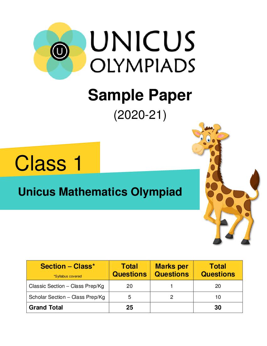Unicus Mathematics Olympiad (UMO) Class 1 Sample Paper