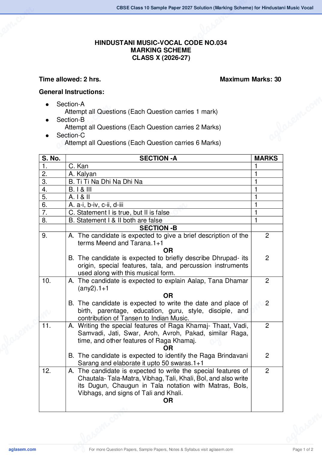 CBSE Class 10 Sample Paper 2027 Solution (Marking Scheme) for Hindustani Music Vocal - Page 1 of 2