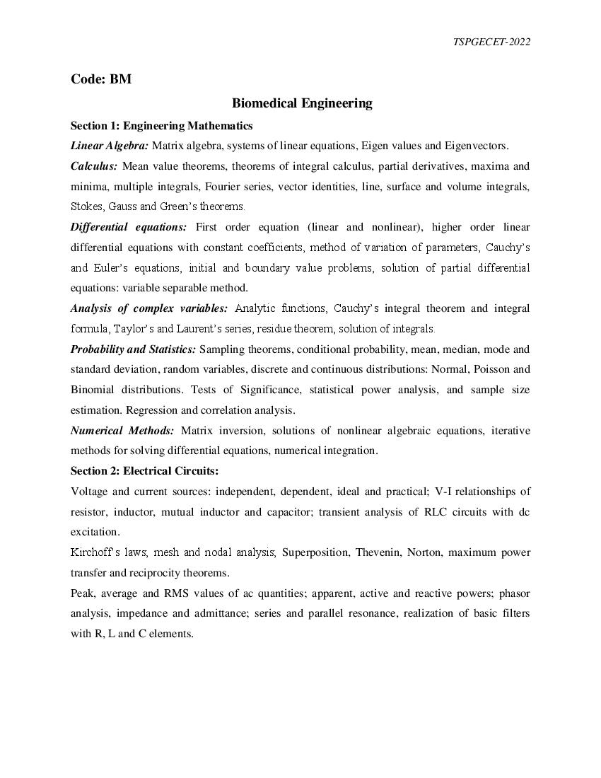 TS PGECET 2022 Syllabus for Biomedical Engineering - Page 1