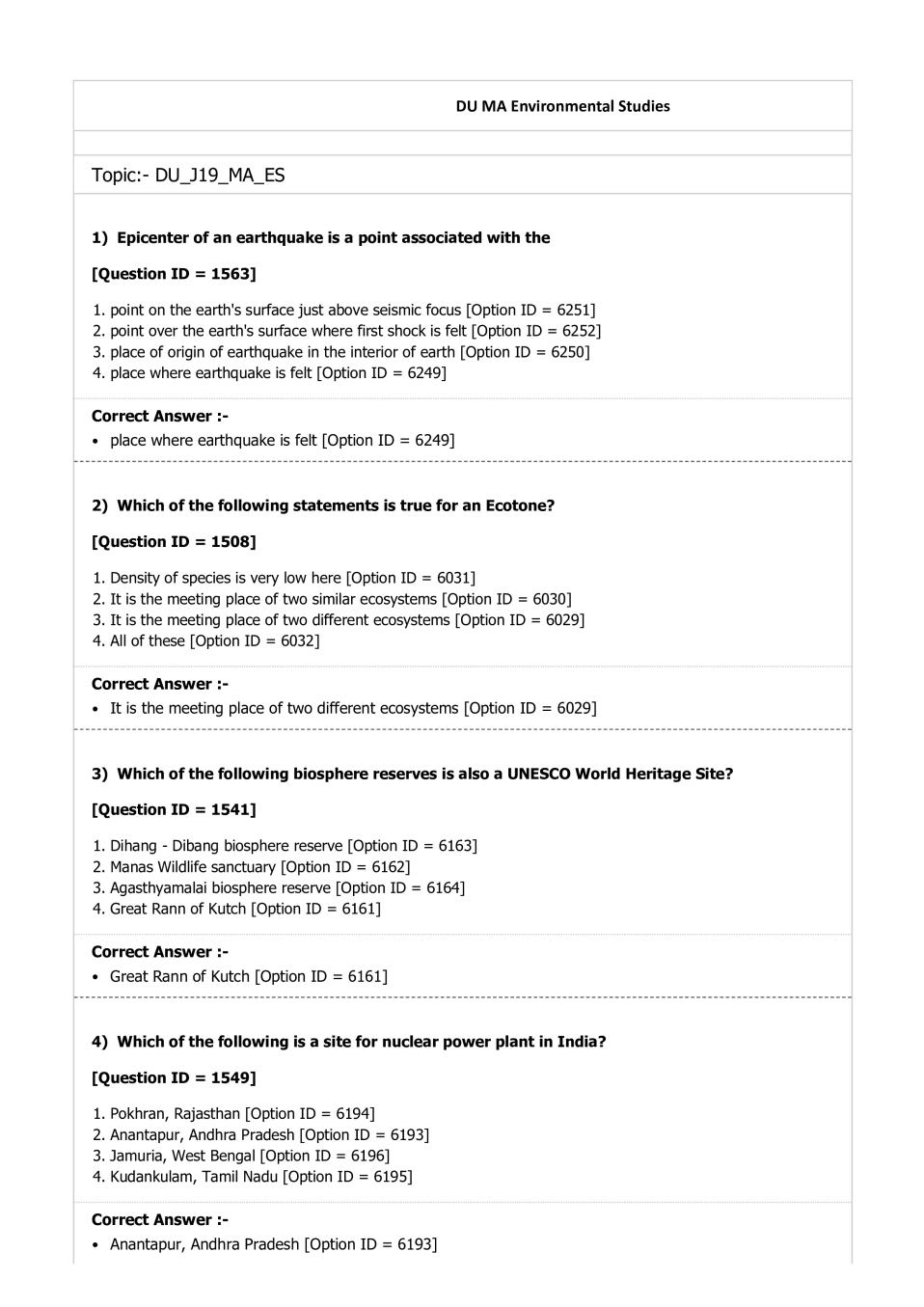 DUET Question Paper 2019 for MA Environmental Studies - Page 1