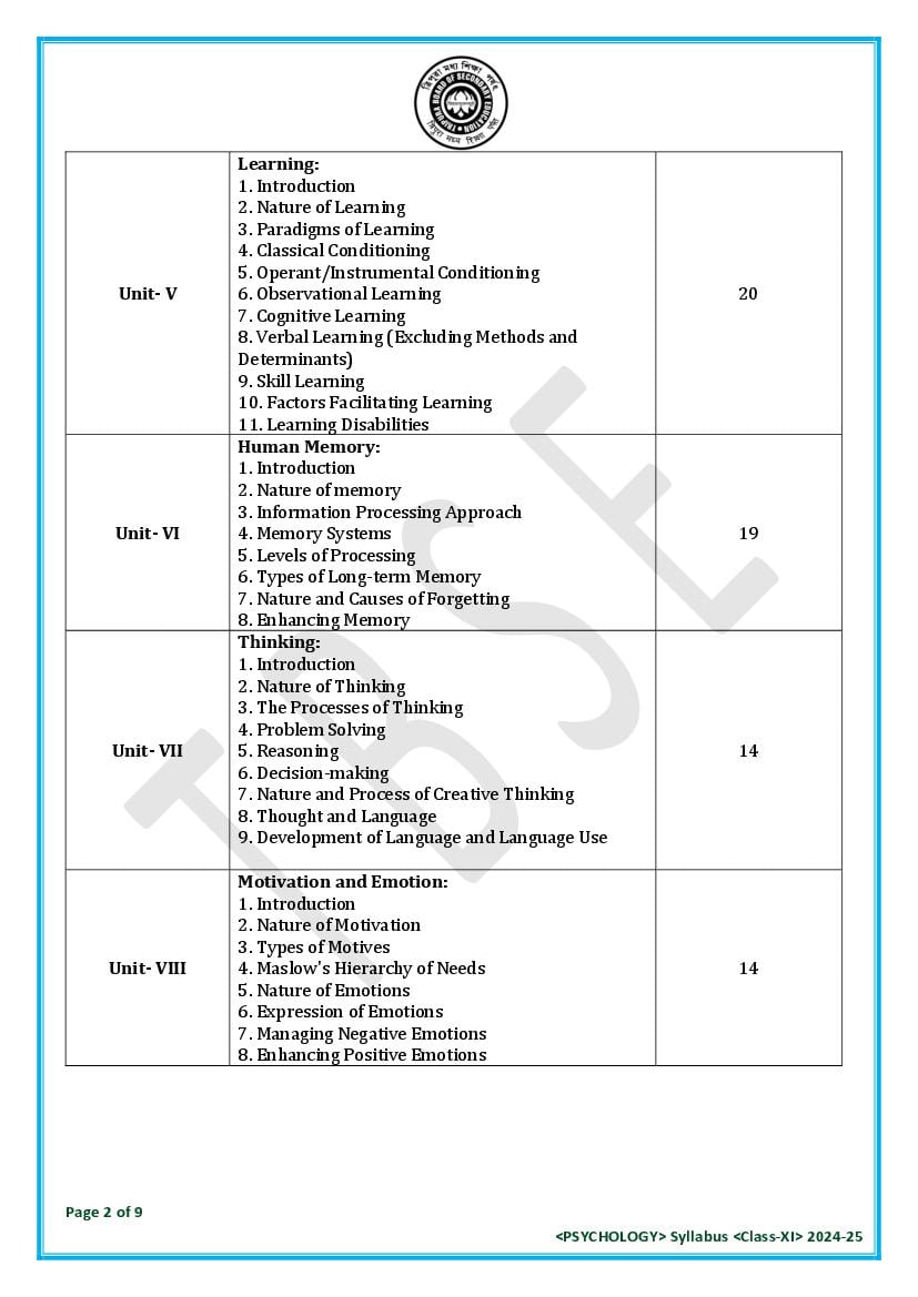 TBSE Class 11 Psychology Syllabus 2025 (PDF) – Tripura Board Syllabus for 11th Psychology