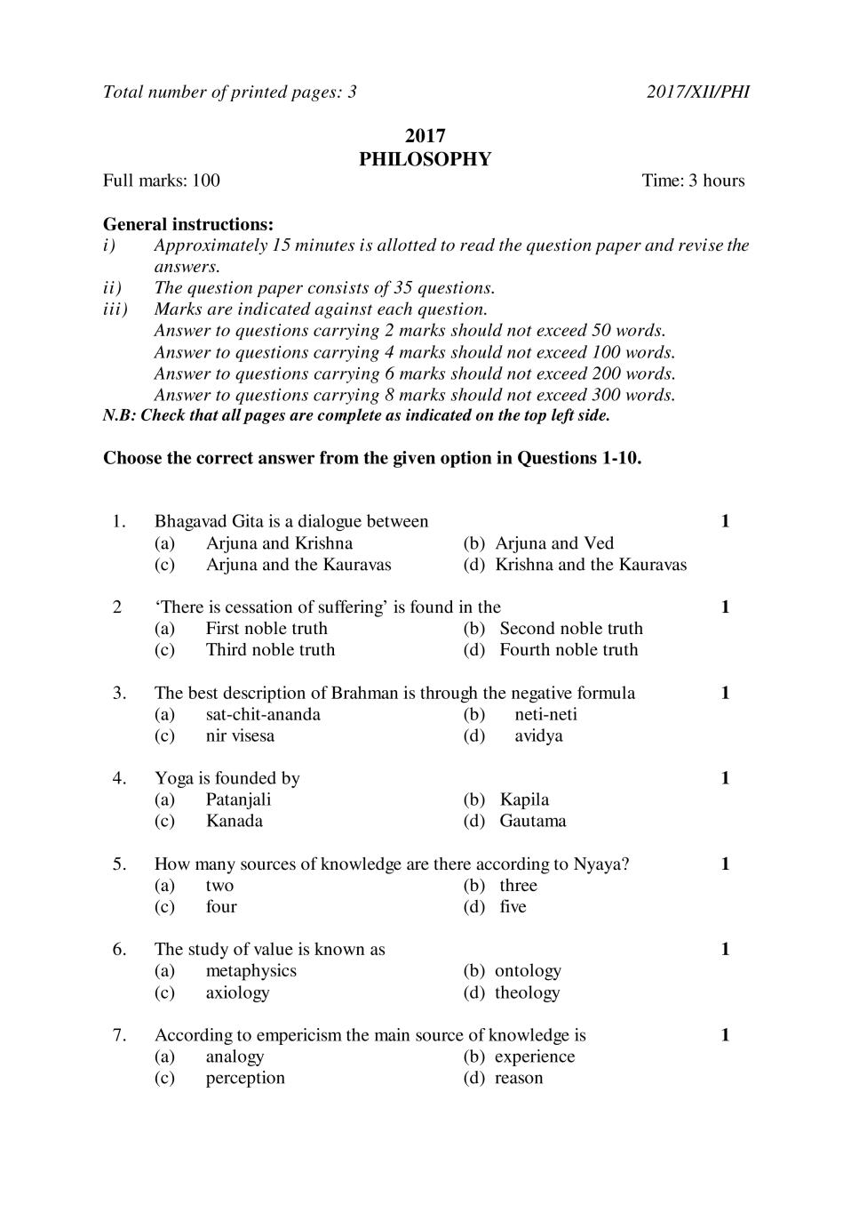 NBSE Class 12 Question Paper 2017 for Philosophy - Page 1