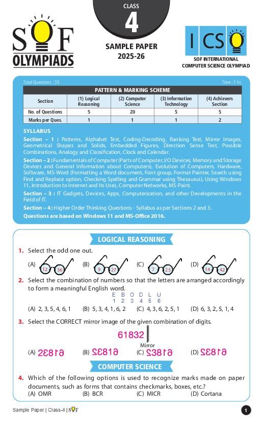 SOF ICSO Sample Paper 2026 Class 4 - Page 1