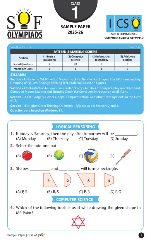 SOF ICSO Sample Paper 2026 Class 1 - Page 1