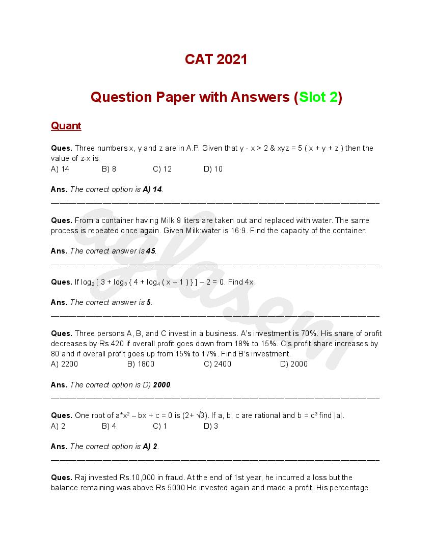 Question Paper and Answer Key of CAT 2021 Slot 2 - Page 1