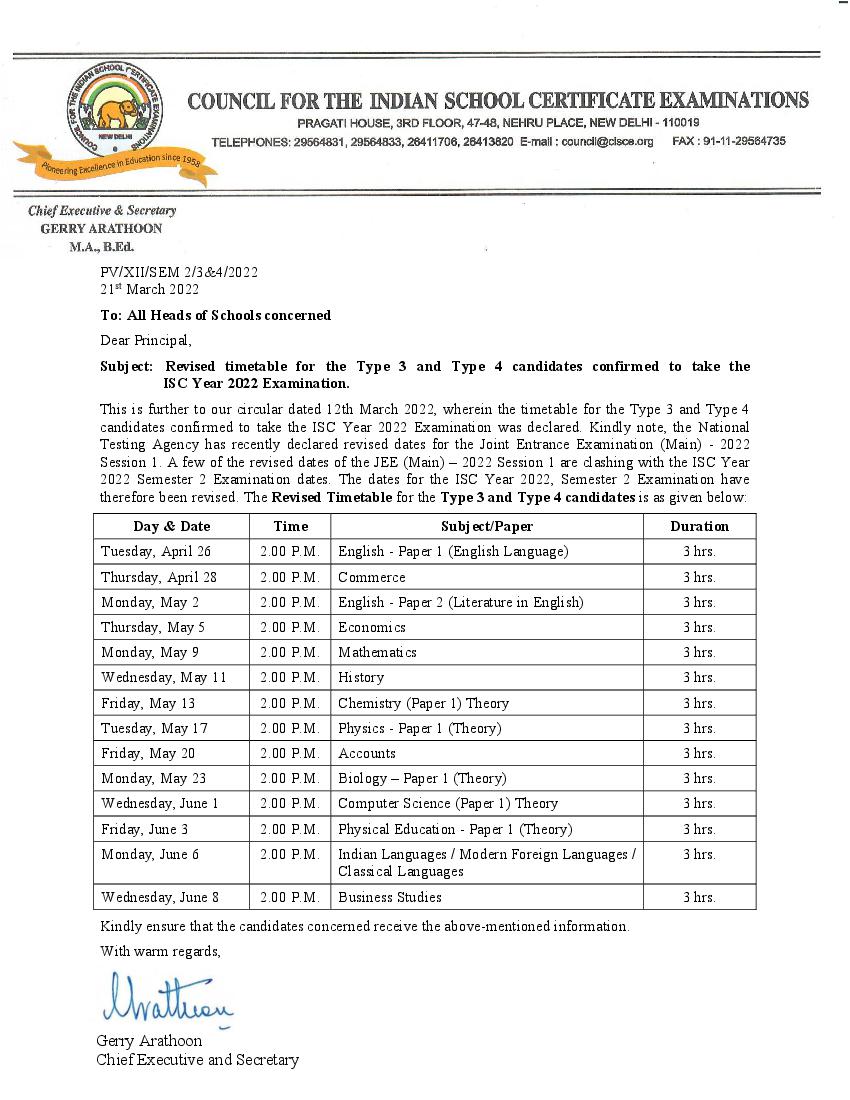 ISC Class 12th Revised Semester 2 Time Table 2022 for Type 3 and Type 4 Candidates - Page 1