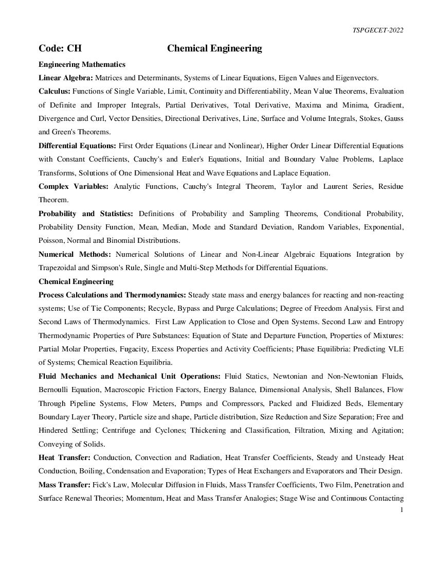 TS PGECET 2022 Syllabus for Chemical Engineering - Page 1