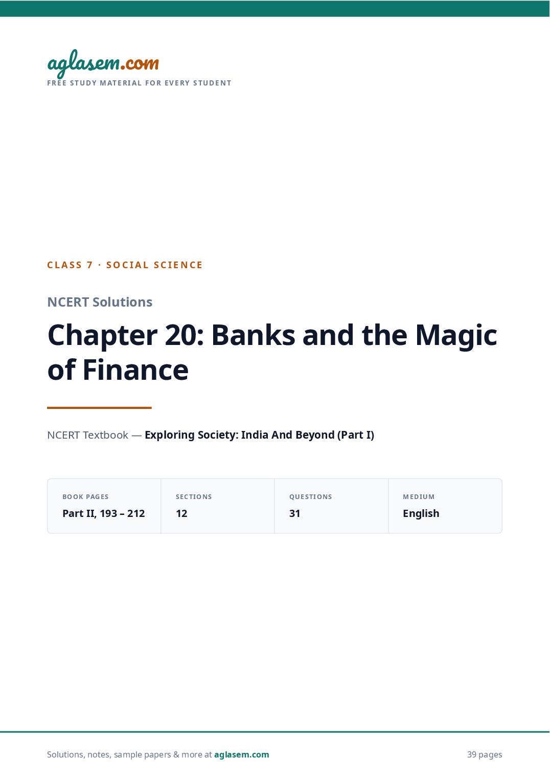 NCERT Solutions Class 7 Social Science Chapter 20 Banks and the Magic of Finance - Page 1 of 40