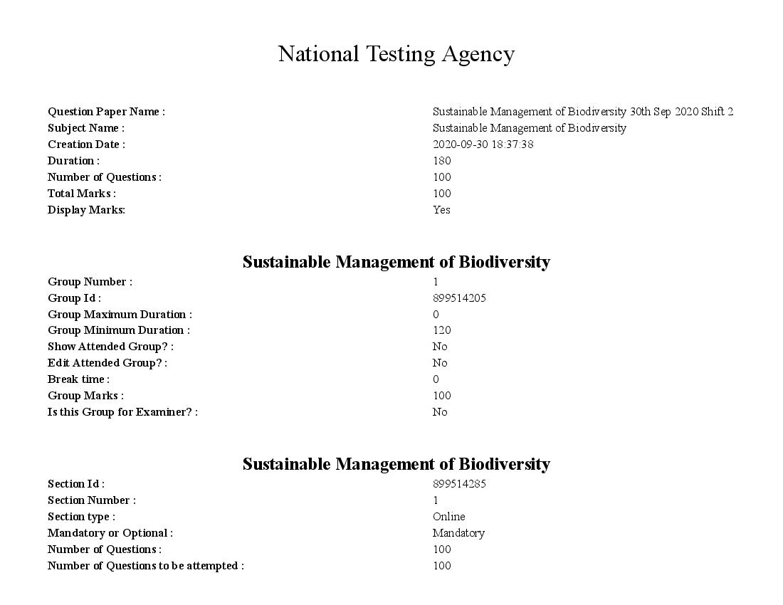 SWAYAM 2020 Question Paper Sustainable Management of Biodiversity - Page 1 of 49