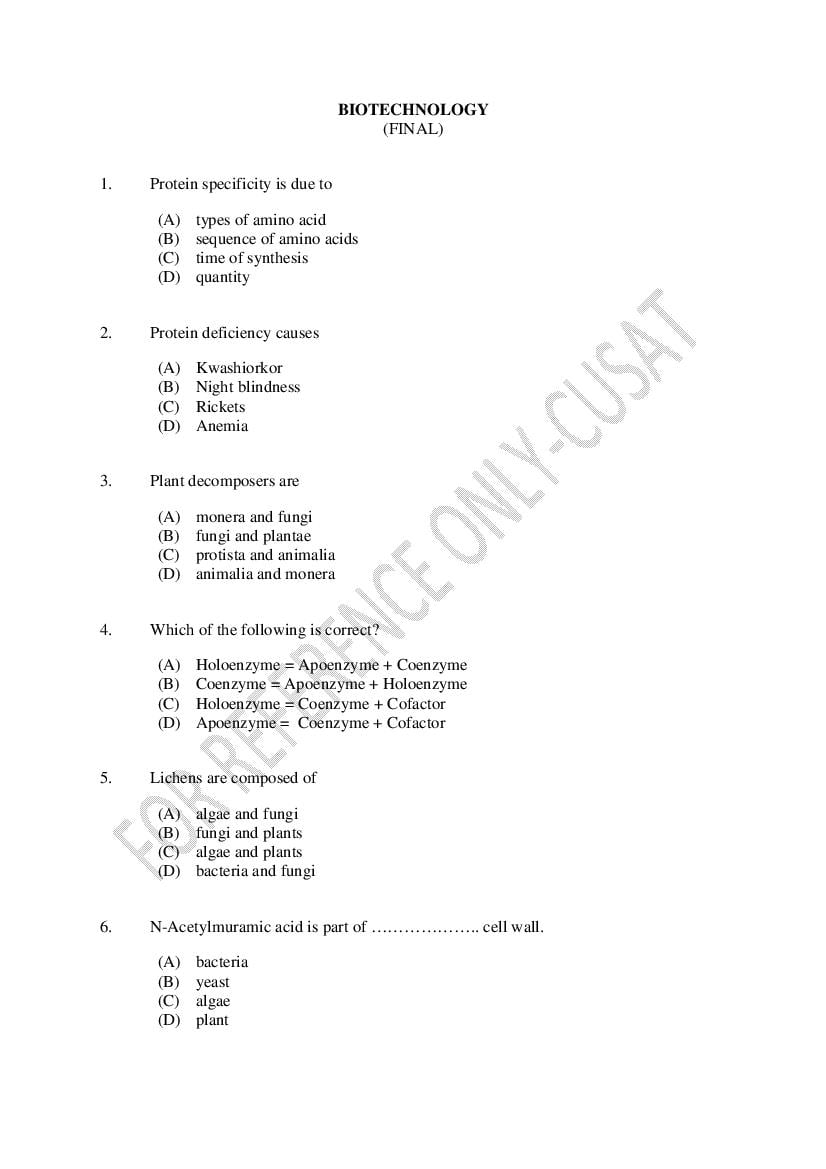 CUSAT CAT 2022 Question Paper Biotechnology - Page 1