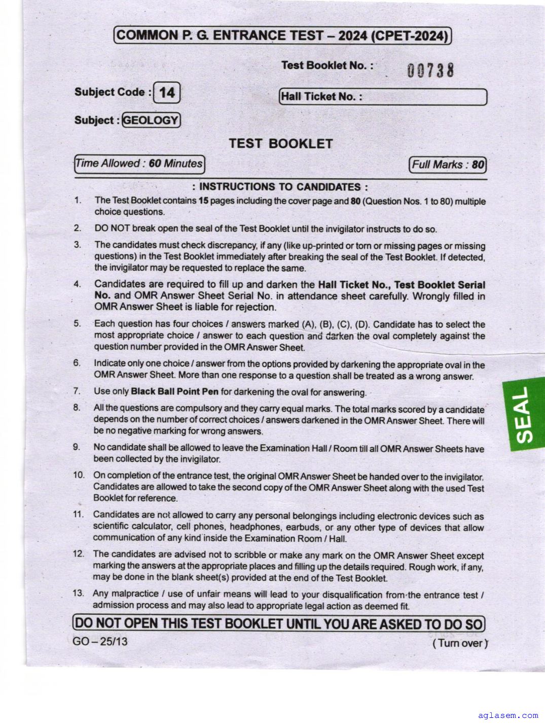 Odisha CPET 2024 Question Paper Geology - Page 1 of 16