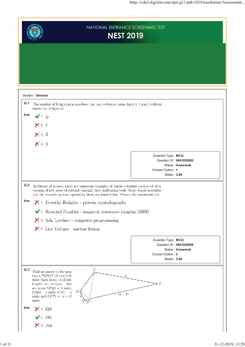 NEST Exam 2019 Question Paper Shift 2 with Answer key - Page 1