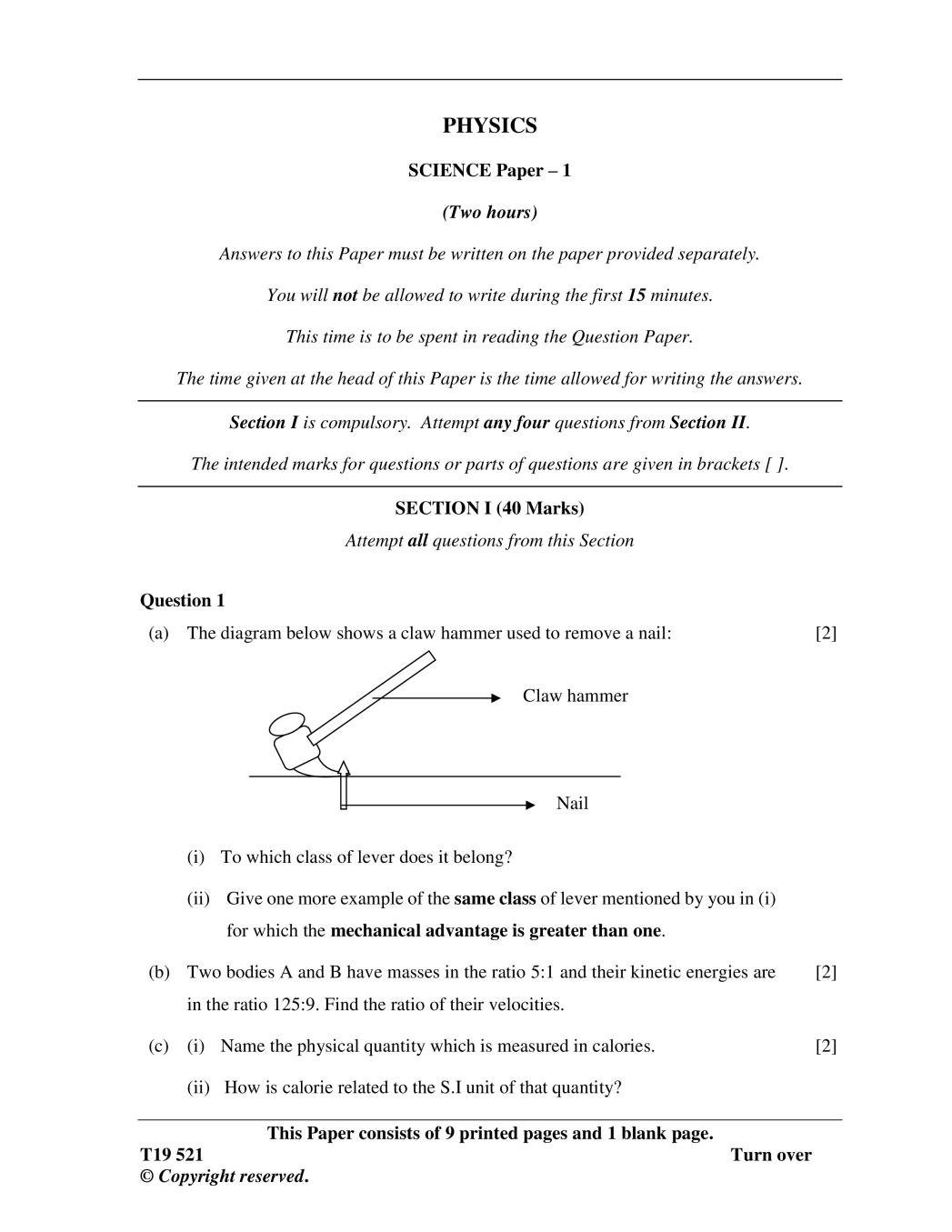 ICSE Class 10 Question Paper 2019 for Physics  - Page 1