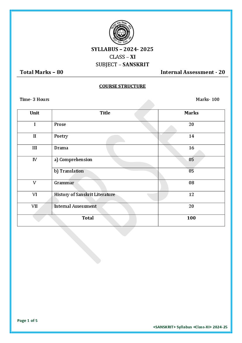 TBSE Class 11 Syllabus 2025 Sanskrit - Page 1