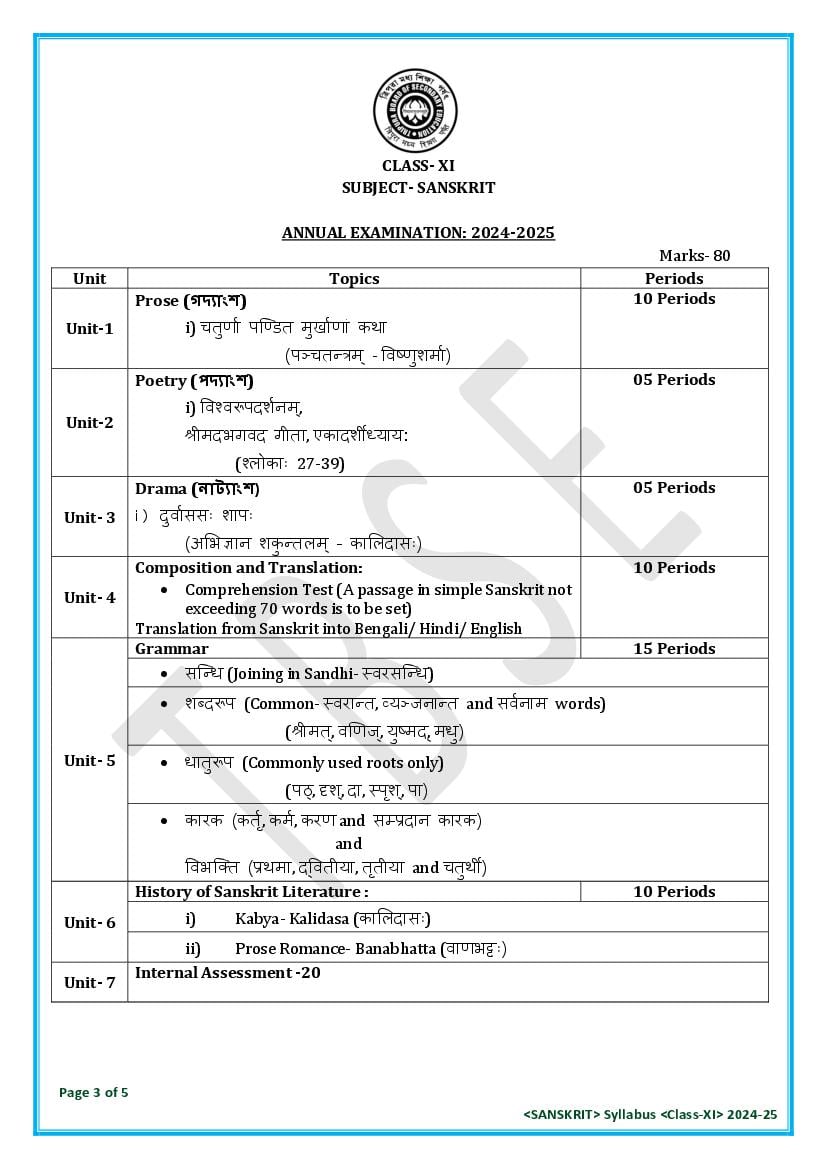 TBSE Class 11 Sanskrit Syllabus 2025 (PDF) – Tripura Board Syllabus for 11th Sanskrit