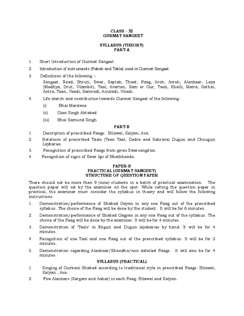 PSEB 11th Class Syllabus 2023 Gurmat Sangeet - Page 1 of 2