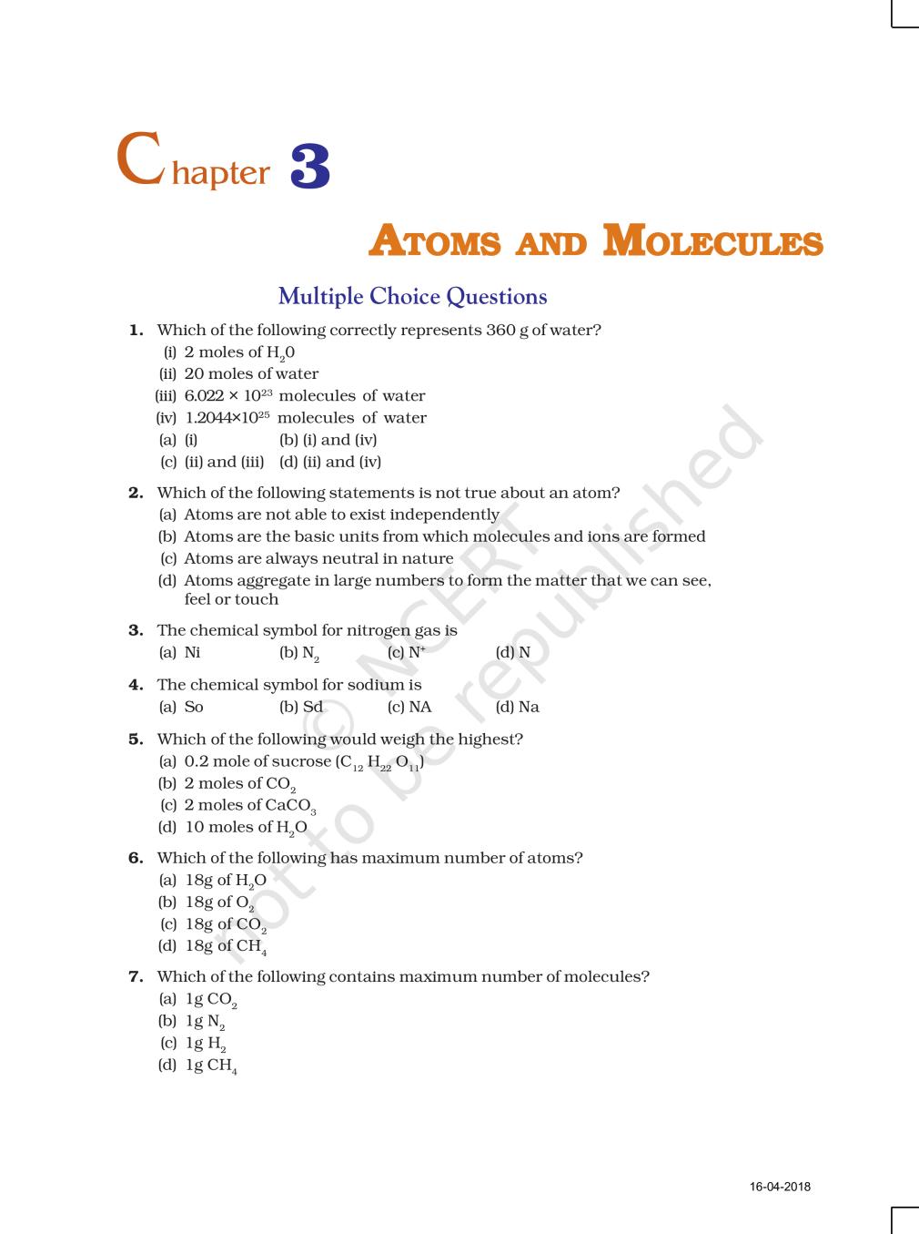 NCERT Exemplar Class 09 Science Unit 3 Atoms, Molecules - Page 1