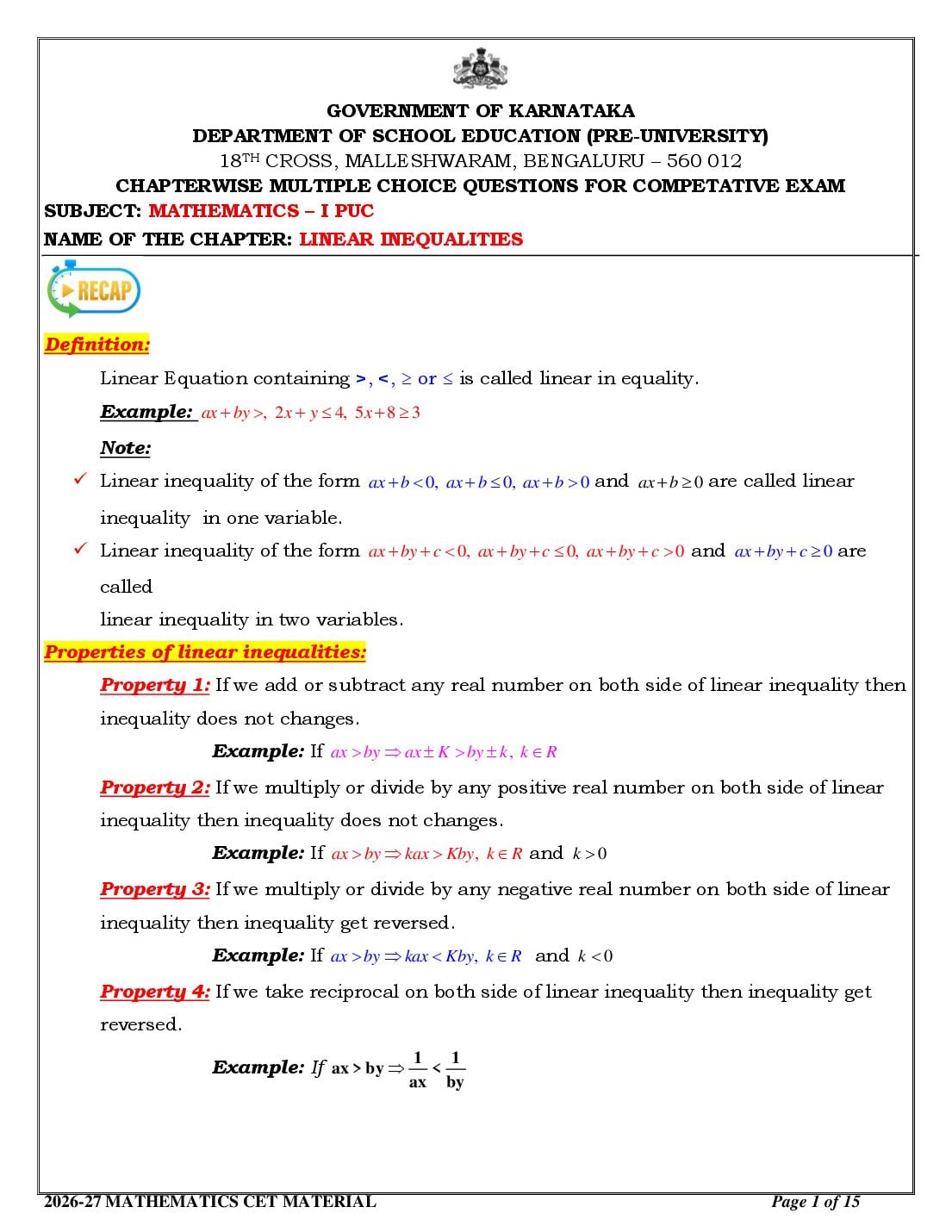 Karnataka 1st PUC Mathematics Linear Inequalities MCQ with Answers - Page 1 of 15