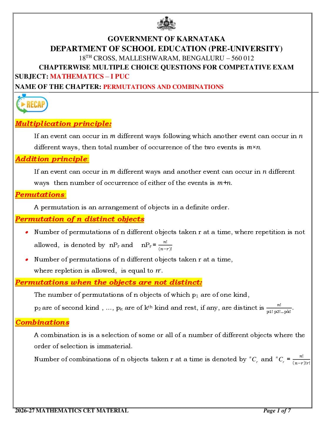 Karnataka 1st PUC Mathematics Permutations and Combinations MCQ with Answers - Page 1 of 7