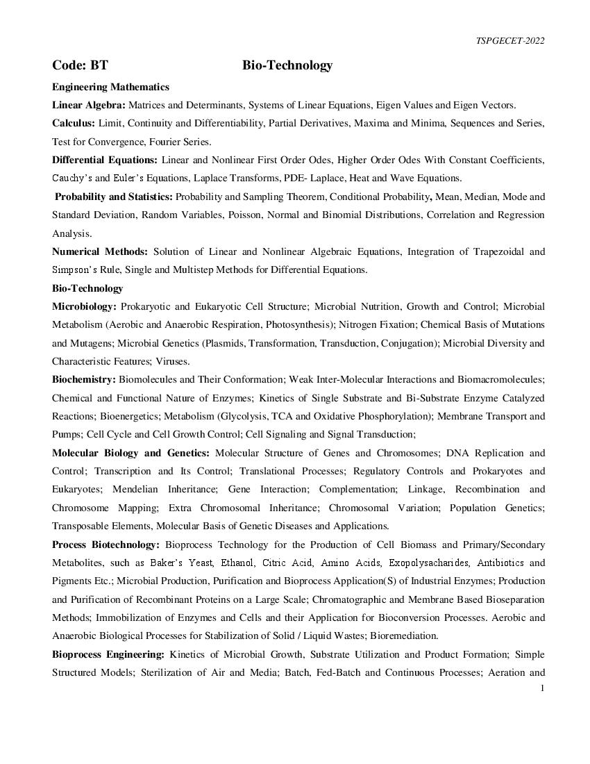 TS PGECET 2022 Syllabus for Bio-Technology - Page 1