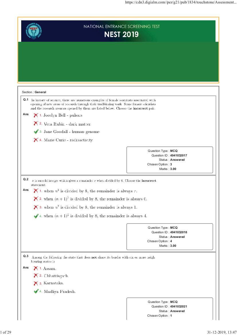 NEST Exam 2019 Question Paper Shift 1 with Answer key - Page 1