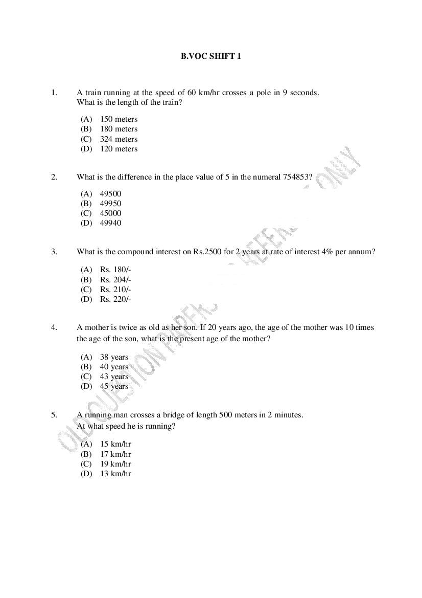 CUSAT CAT 2022 Question Paper B.Voc Shift 1 - Page 1