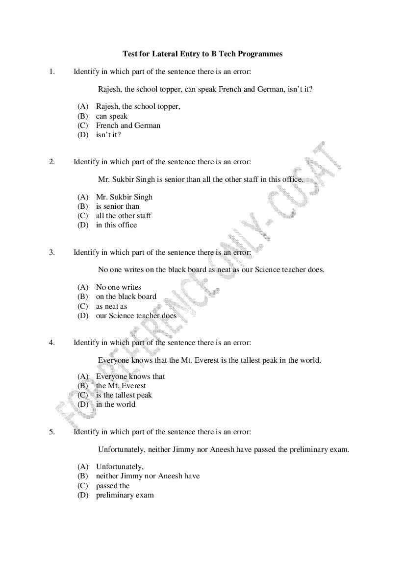 CUSAT CAT 2022 Question Paper B.Tech LE Shift 2 - Page 1