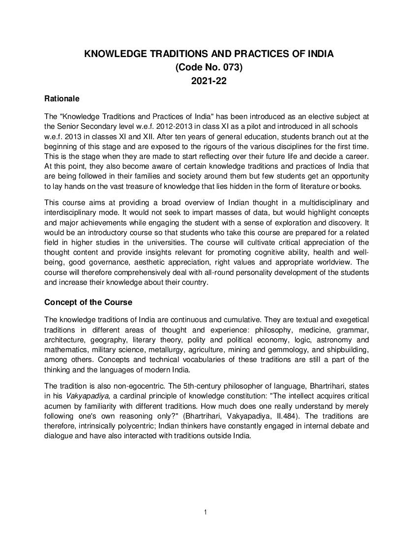 CBSE Class 11 KTPI Syllabus 2021-22 - Page 1
