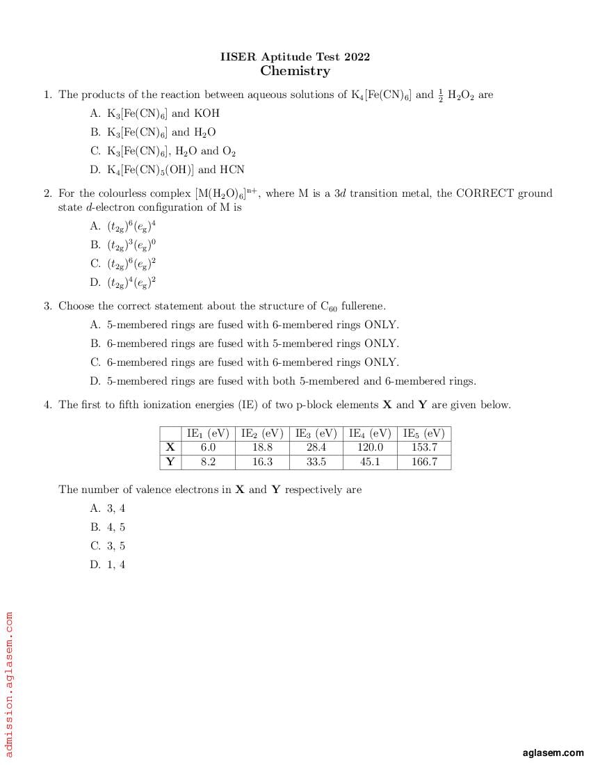 Iiser Aptitude Test Sample Paper With Answers