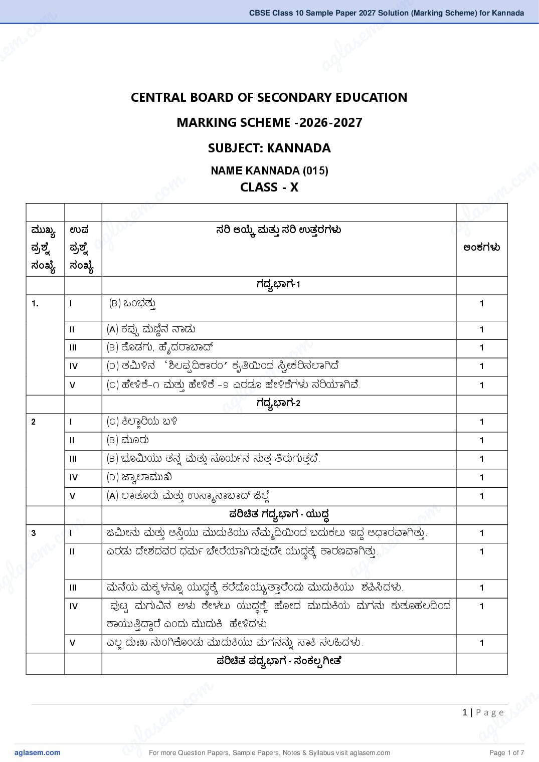 CBSE Class 10 Sample Paper 2027 Solution (Marking Scheme) for Kannada - Page 1 of 7
