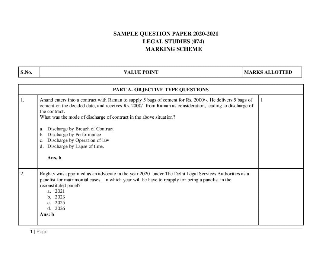 CBSE Class 12 Marking Scheme 2021 for LegalStudies - Page 1